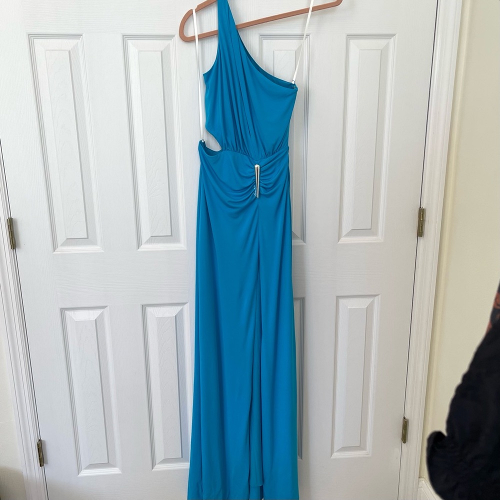 NWT Halston Ivanna Grecian Matte Jersey Aqua Turquoise Blue Formal Gown Dress - Picture 2 of 16
